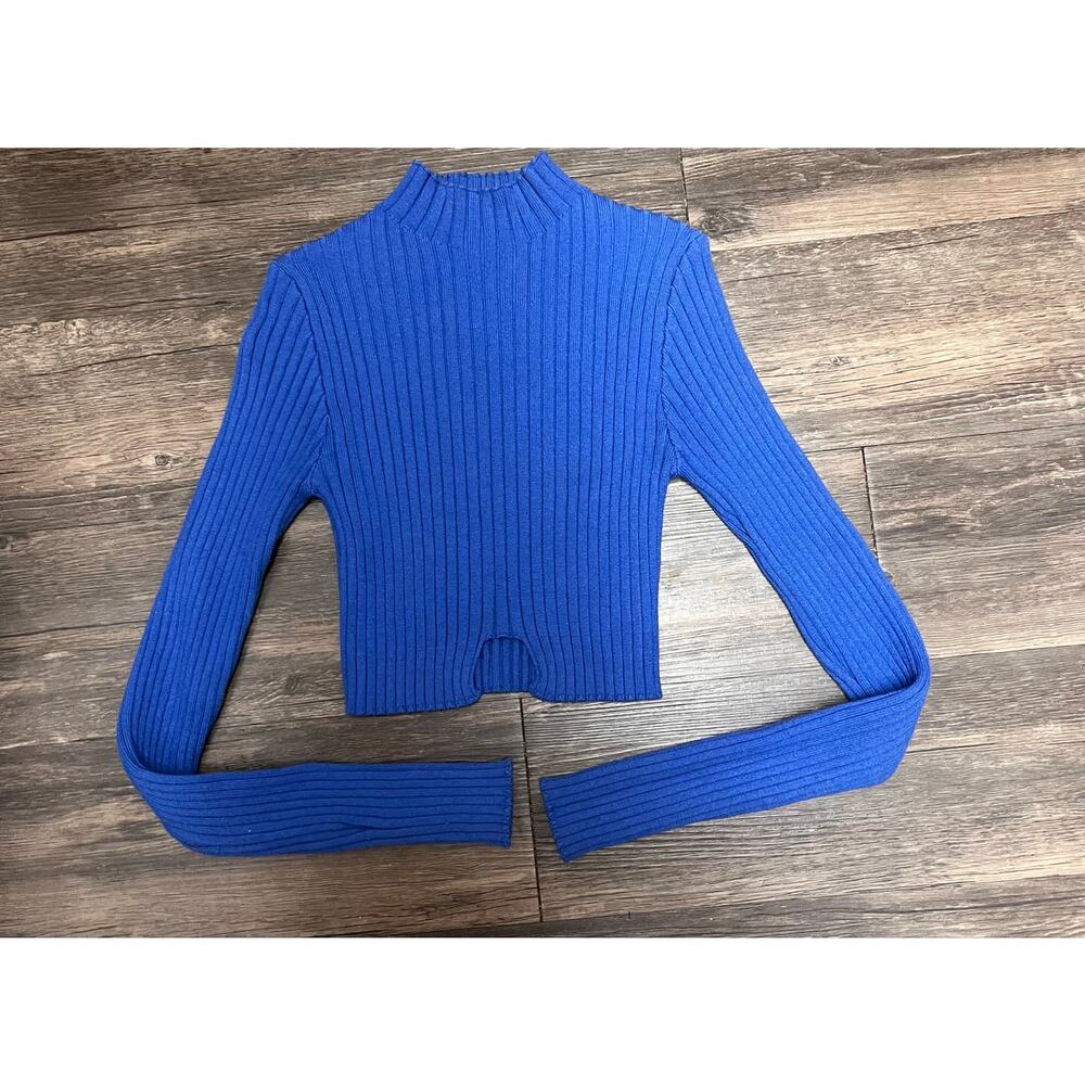 Edikted Blue Ribbed Mock Neck Crop Sweater Y2K Coquette Long Sleeve XS/S Bodycon - Picture 2 of 9